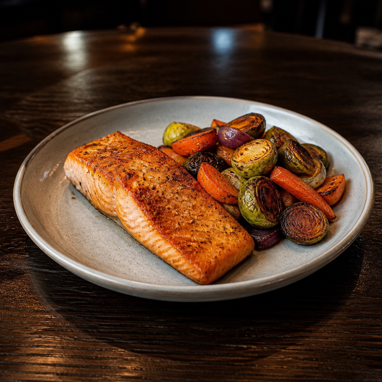foto original de un plato de salmón en una mesa oscura
