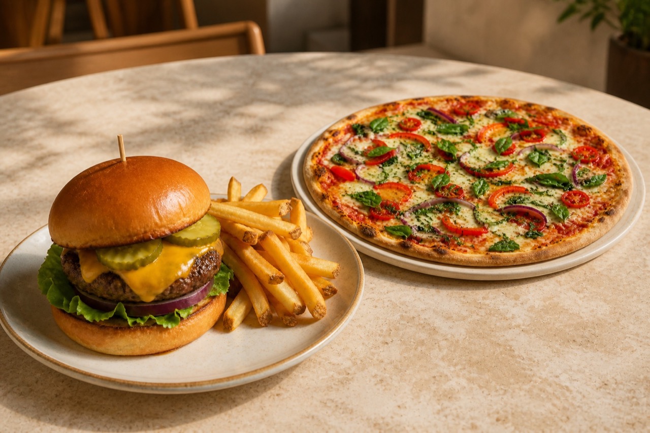 hamburguesa y pizza con un estilo uniforme para un menú de restaurante
