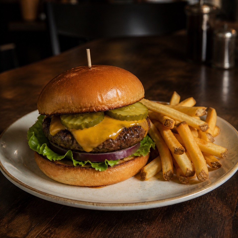 foto original de una hamburguesa con patatas en una mesa oscura