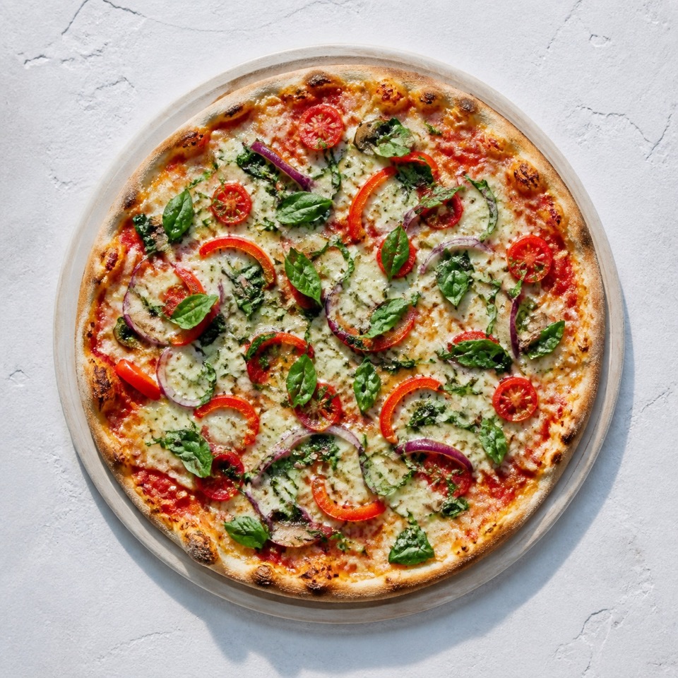 foto original de una pizza sobre una superficie clara