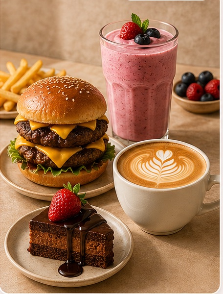Resultado final con hamburguesa, batido, cafe y postre